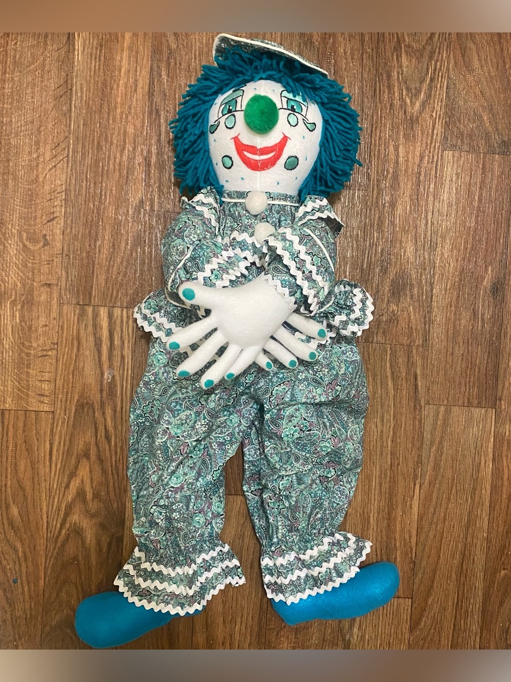 Handmade 30” Tall Clown Girl Doll Teal Hair Painted Nails Boho Outfit 30x12 Vtg